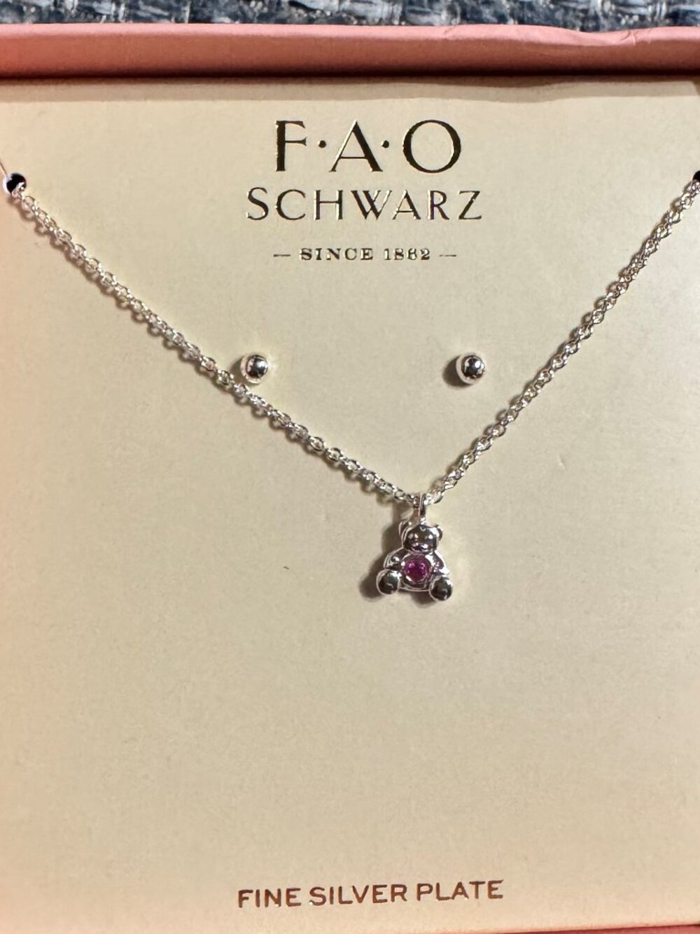 FAO Schwarz Teddy Bear Stone Necklace & Earring Set